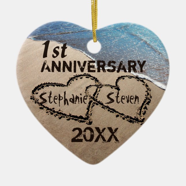 First, Any Anniversary Two Hearts In Sand Ornament (Front)