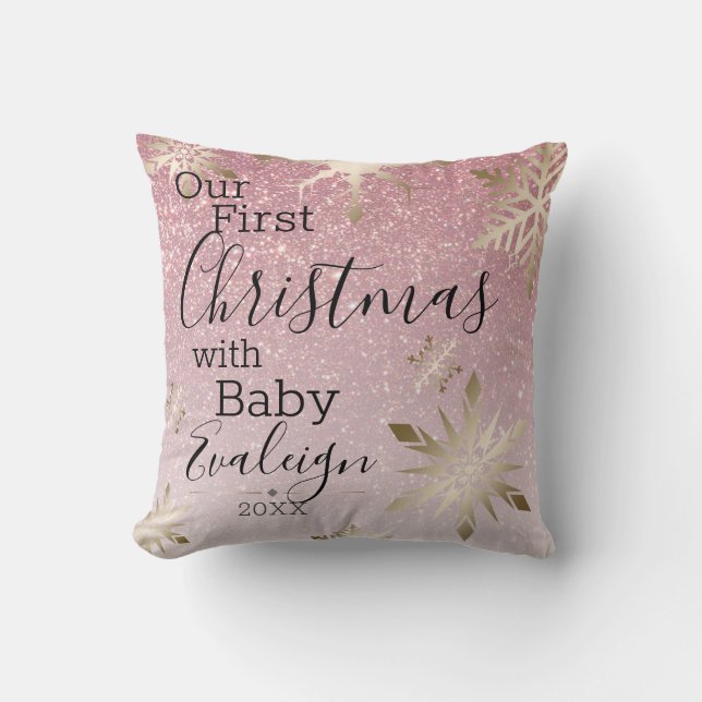 First Baby Christmas Custom Pink Glitter Gold Throw Pillow (Front)