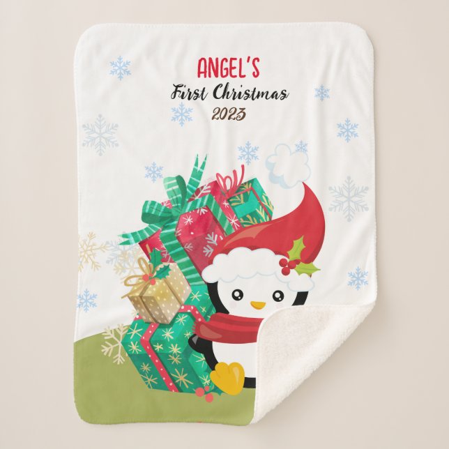 First Baby Girl Christmas  Penguin Sherpa Blanket (Front)
