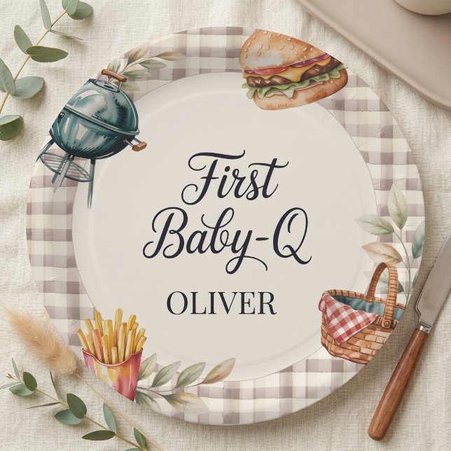 First Baby Q BBQ 1st Birthday Boy Rustic Gingham Paper Plates (Creator Uploaded)