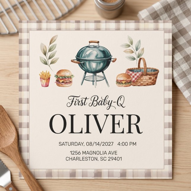 First Baby Q BBQ First Birthday Boy Rustic Gingham Invitation (Creator Uploaded)