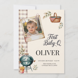First Baby Q Photo BBQ 1st Birthday Boy Rustic Invitation