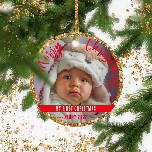 First babys Christmas gold glitter  Ceramic Ornament