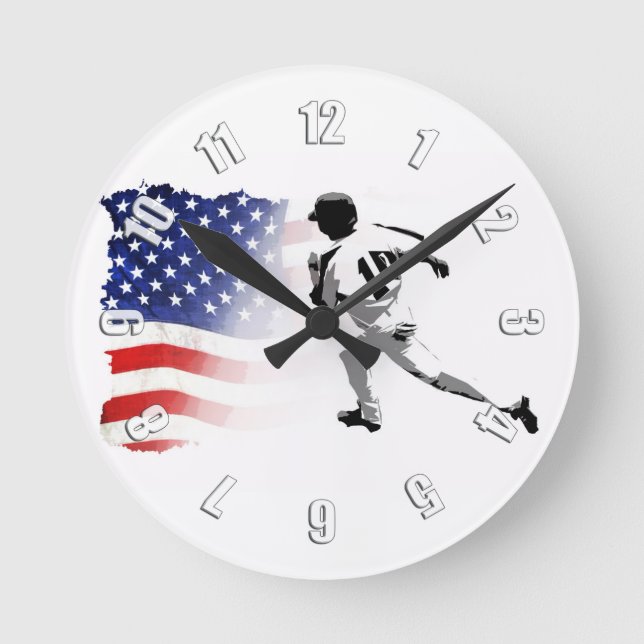 First Base Run - Baseball Player and US Flag  Round Clock (Front)