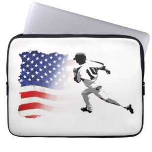First Base Run- Baseball Player and USA Flag  Laptop Sleeve