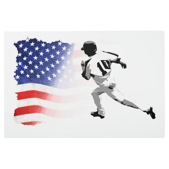 First Base Run - Baseball Player and USA Flag    Metal Print (Front)