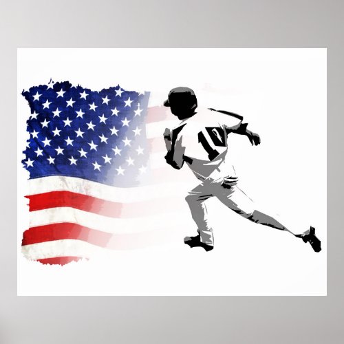 First Base Run_ Baseball Player and USA Flag   Poster