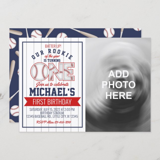 First Baseball Birthday Invitation with photo (Front/Back)