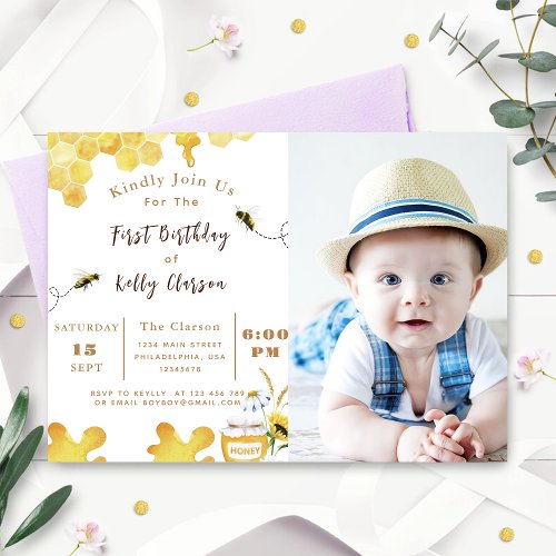 First Bee Birthday Yellow Bee and Sunflower Photo Invitation