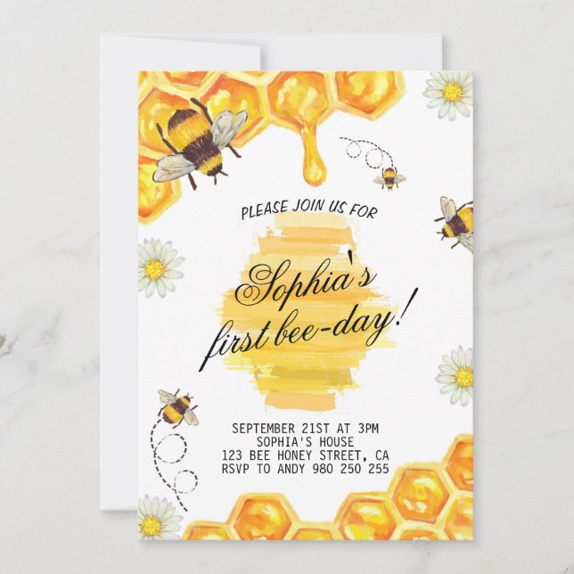 First Bee-Day Bee Honey Bee 1st Birthday Party Invitation (Front)