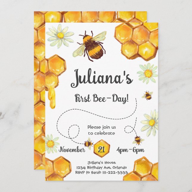 First Bee-Day Birthday Party Invitation (Front/Back)