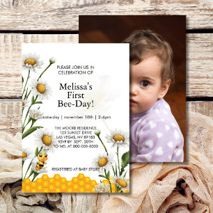 First Bee Day Birthday Yellow Bee Honeycomb Daisy Invitation