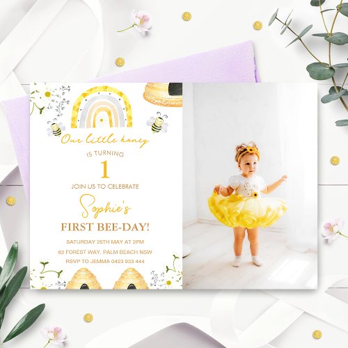 First Bee Day Bumble Bee Girls Photo Birthday  Invitation