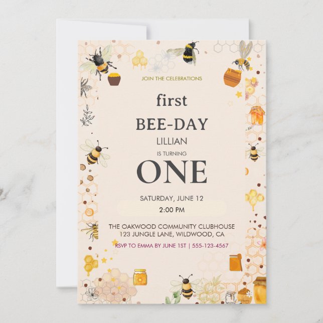First Bee-Day First Birthday  Invitation (Front)