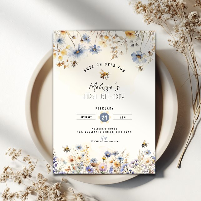 First Bee Day - Floral 1st Birthday Invitation (First bee-day birthday invitation with flowers and bee's.)