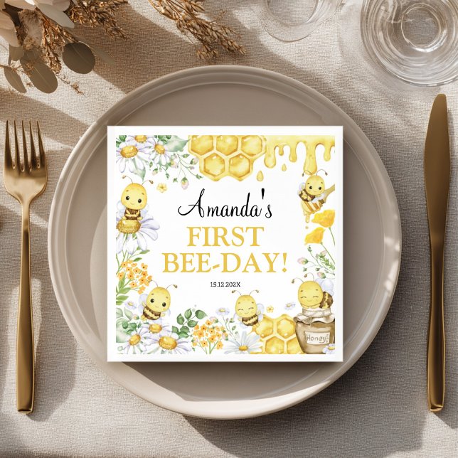 First Bee Day Floral Bumblebee Birthday Party Napkins (Creator Uploaded)