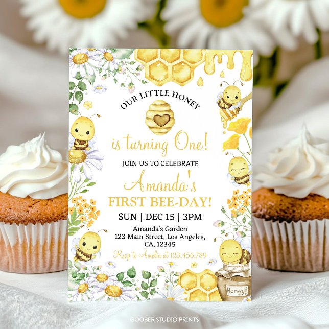 First Bee Day Floral Honey Bee Birthday Party Invitation (Creator Uploaded)
