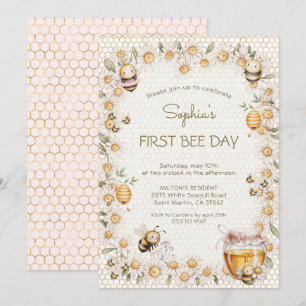 First BEE day Honey Bees Daisy Flowers Birthday Invitation