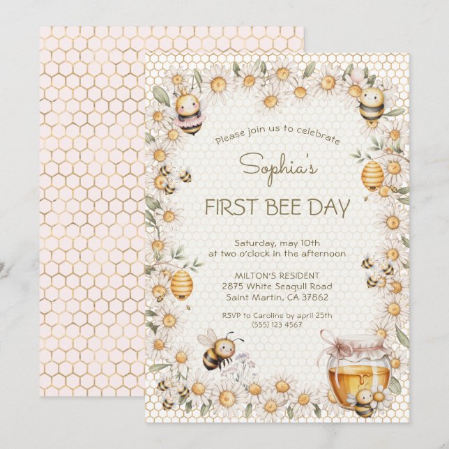 First BEE day Honey Bees Daisy Flowers Birthday Invitation (Front/Back)