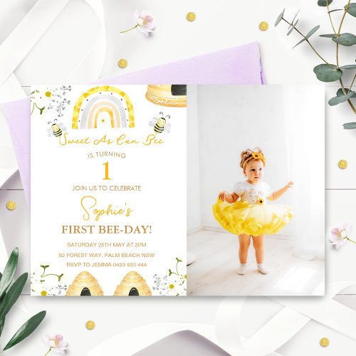 First Bee Day Sweet As Can Bee Birthday Photo Invitation