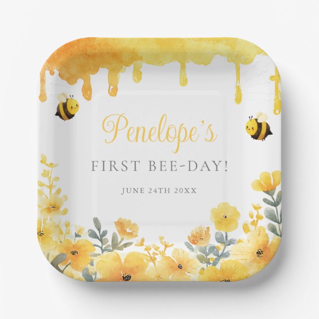 First Bee Day Yellow Wildflowers 1st Birthday Paper Plates (Front)