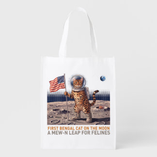 First Bengal Cat on the Moon - Retro Space Feline Grocery Bag