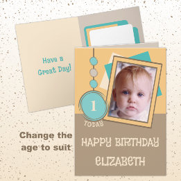 First birthday 1 today name photo brown orange card
