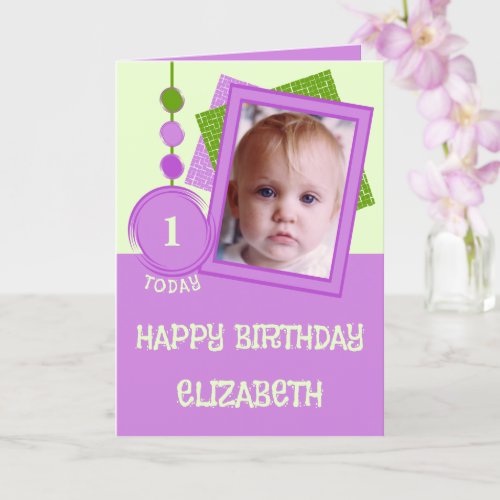 First birthday 1 today name photo purple green card