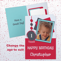 First birthday 1 today name photo red grey card