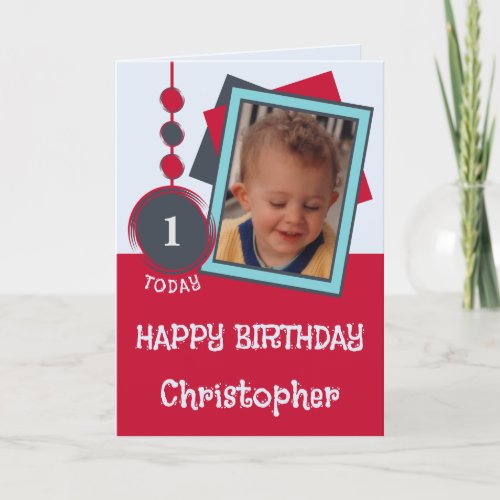 First birthday 1 today name photo red grey card