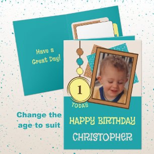 First birthday 1 today name photo turquoise brown card