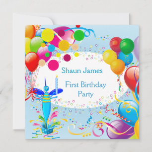 First Birthday 1st Boy Blue Balloons Bug 2 Invitation