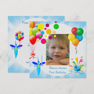 First Birthday 1st Boy Blue Balloons Bug Invitation