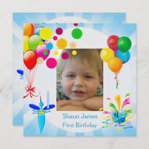 First Birthday 1st Boy Blue Balloons Bug Invitation