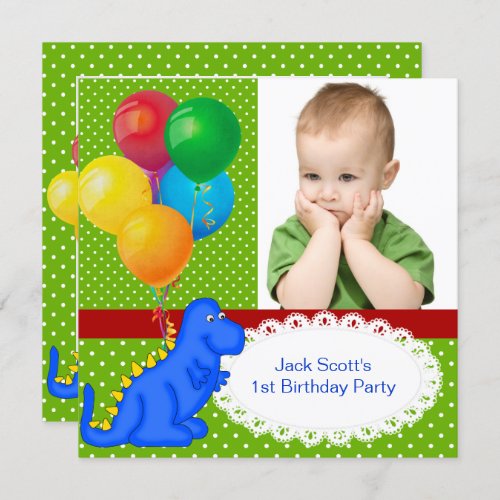 First Birthday 1st Dinosaur Green Blue Boy Invitation