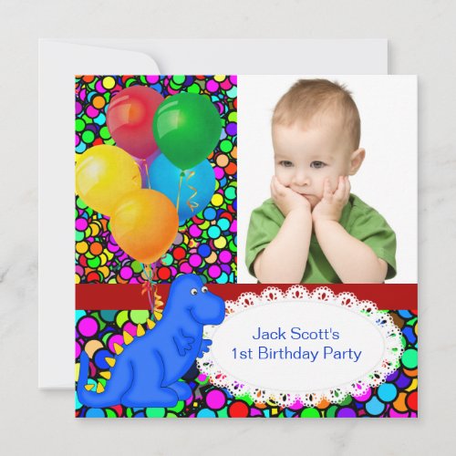 First Birthday 1st Dinosaur Red Green Blue Boy Invitation