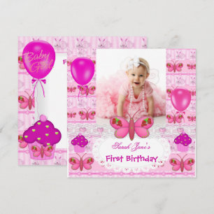 First Birthday 1st Girl Hot Pink Butterfly Invitation