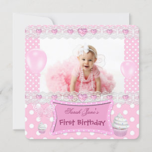 First Birthday 1st Girl Pink Baby Polka Dots Invitation