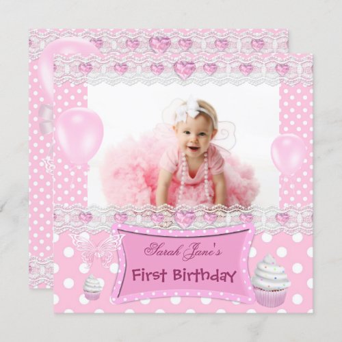 First Birthday 1st Girl Pink Baby Polka Dots Invitation