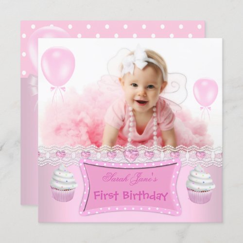 First Birthday 1st Girl Pink Cupcakes Baby 2 Invitation