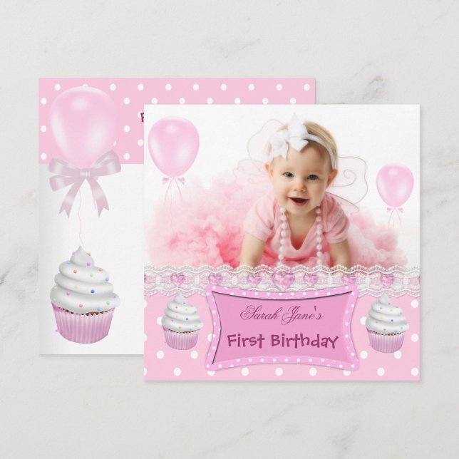 First Birthday 1st Girl Pink Cupcakes Baby Invitation (Front/Back)