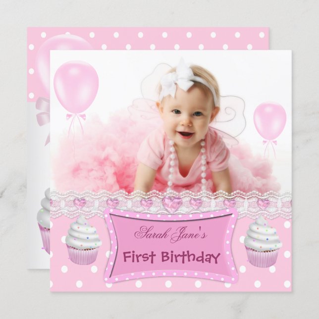First Birthday 1st Girl Pink Cupcakes Baby Invitation (Front/Back)
