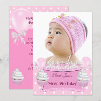 First Birthday 1st Girl Pink Cupcakes Baby Invitation