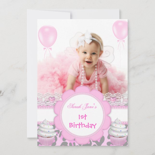 First Birthday 1st Girl Pink Cupcakes Baby Leopard Invitation (Front)