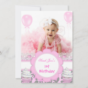 First Birthday 1st Girl Pink Cupcakes Baby Leopard Invitation