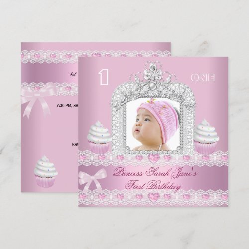 First Birthday 1st Girl Pink Princess Tiara Custom Invitation