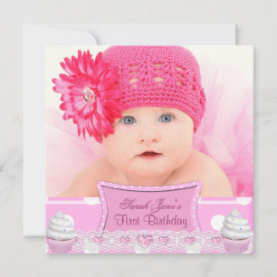 First Birthday 1st Girl Pretty Pink Cupcakes Baby Invitation