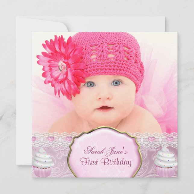 First Birthday 1st Girl Pretty Pink Cupcakes Baby Invitation (Front)
