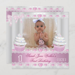 First Birthday 1st Girl White Pink Cupcake Baby 2 Invitation