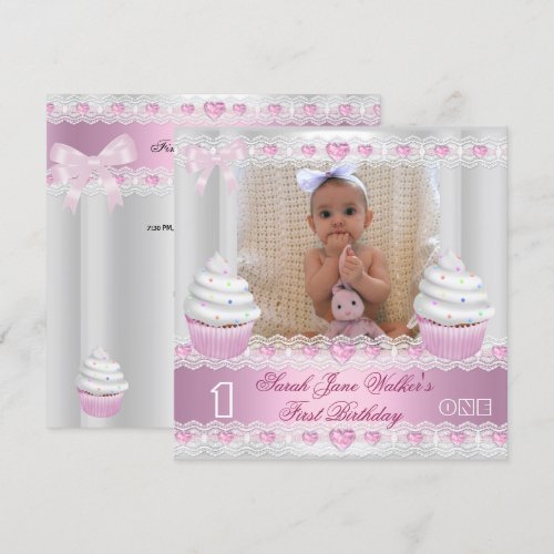 First Birthday 1st Girl White Pink Cupcake Baby 2 Custom Invite